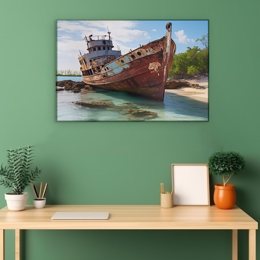 Canvas for Living room. Stranded Beauty: A Rustic Ship's Repose on Serene Shores, 27 x 18 inch Canvas Wall Art - Ready to Hang