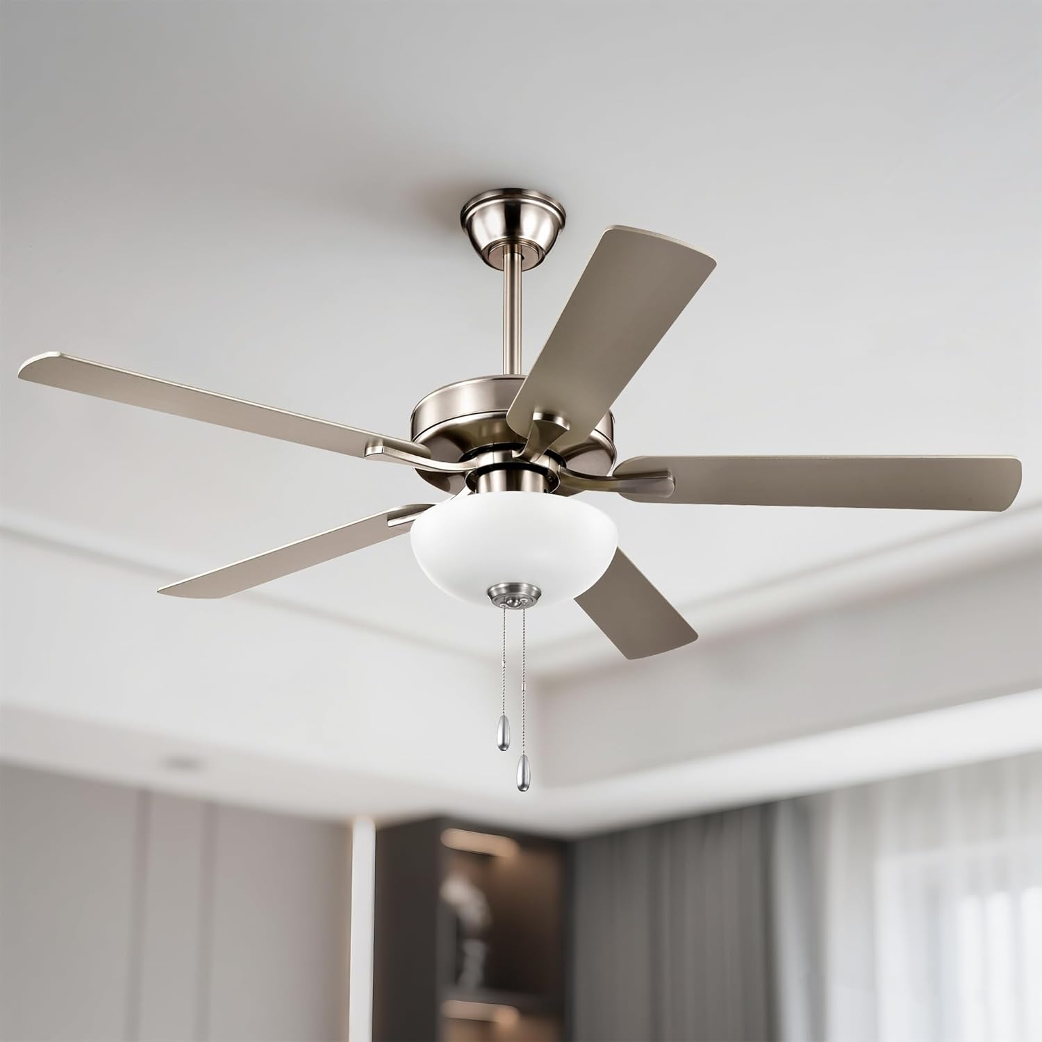 Edvivi 52" Ceiling Fan with LED Lights and Pull Chain Control, Low Profile Ceiling Fan with 5 Dual Finish Blades, 3-Speed Noiseless Reversible Motor, Brushed Nickel for Bedroom Living Room Indoor Use