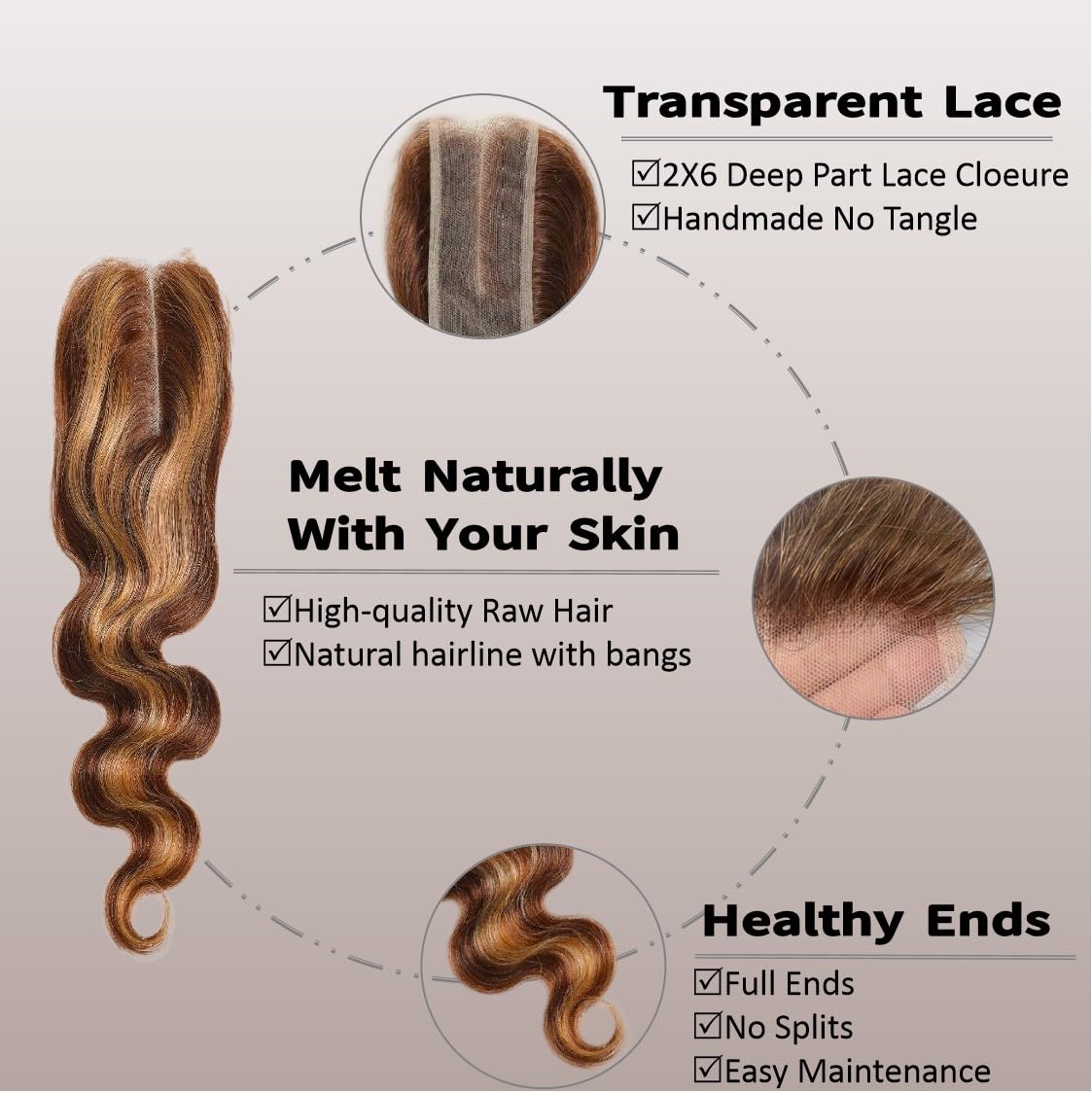 4/27 Closure Frontal Highlight Body Wave Closure Human Hair P4/27 2 By 6 Lace Frontal HD Transparent Deep Free Side Part Kim K With Baby Hair Natural Hairline 16 Inch