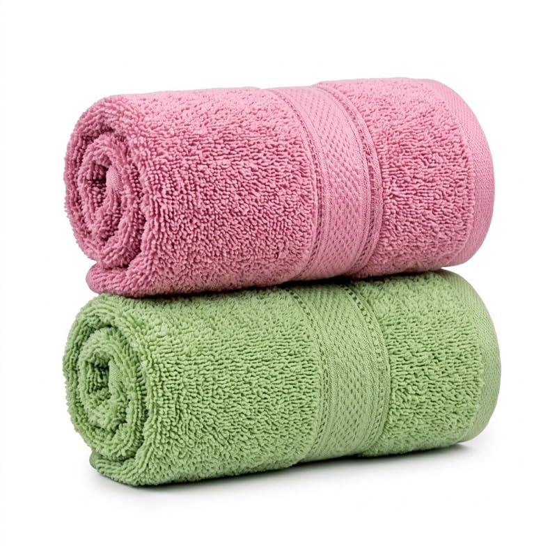 Image of TowelWala Premium Hand Towel 550 GSM Soft Absorbent Quick Dry (Pink /Green) | Premium 550 GSM cotton with woven border-quick drying and perfect for bathroom, kitchen, gym, and travel.