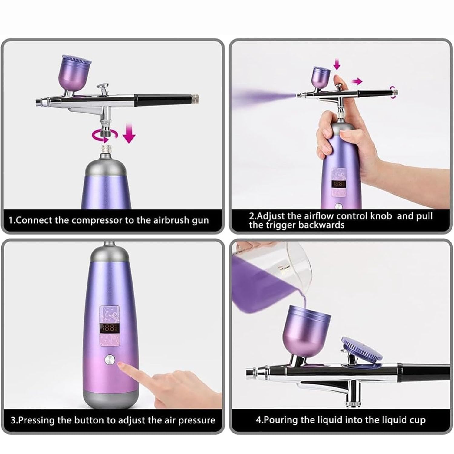 Kit aérographe avec compresseur portable, pression de 30 psi, sortie de pigment réglable, parfait pour l'application de maquillage et la décoration de gâteaux