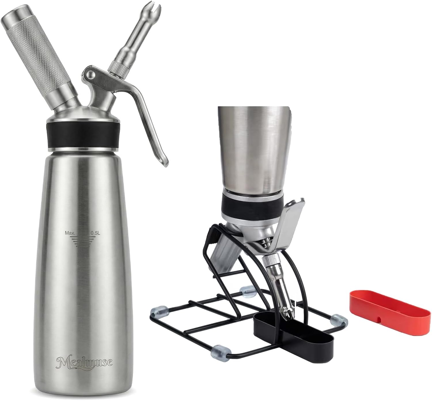 Professional 304 Stainless Steel Whipped Cream Dispenser 500ml with 3 Decorating Nozzles with Stand and Cleaning Kit