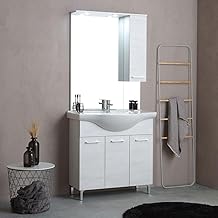 Kiamami Valentina - Mobile Bagno a Terra 85 cm | Lavabo in Ceramica | Specchio con Pensile e Faretti a LED | Mobile Bagno Lavabo e 3 Ante | Mobile Completo Moderno in Quercia Bianco
