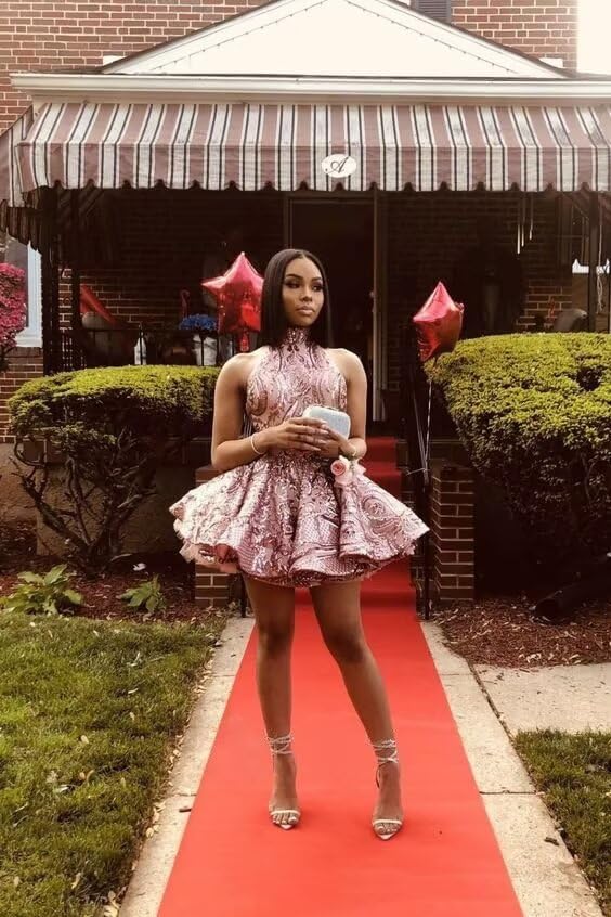 Halter Homecoming Dresses 2025 Sequin Short Prom Dresses Plus Size Lace Applique Cocktail Gowns3