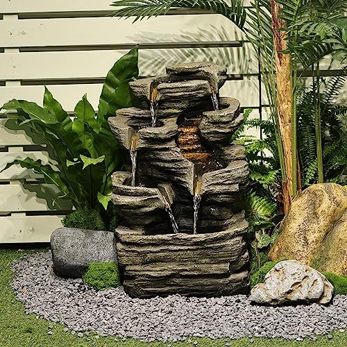 Bumilgar 6-Tier Cascading Rock Water Fountain Outdoor Garden Waterfall Decor for Garden, Patio, Backyard, Deck, Porch and Home Art Decor, 15\" L x 11.4\" W x 24.4\" H Outdoor Fountain with Lights