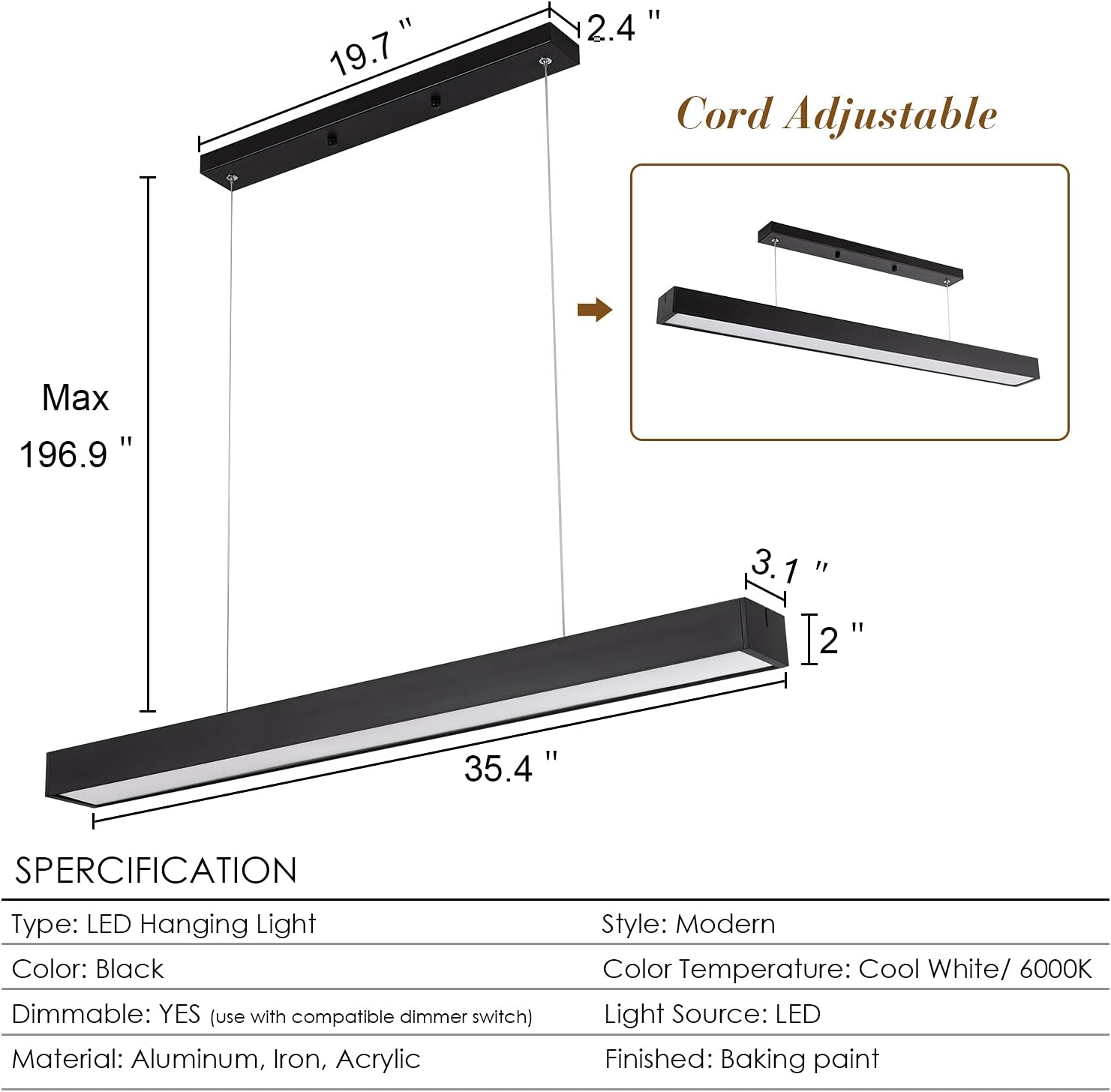 Modern Black LED Island Light, 20W 6000K Cool White Pendant Lighting for Kitchen Island Dining Room Meeting Room Living Room, 35.4" (2.9ft)