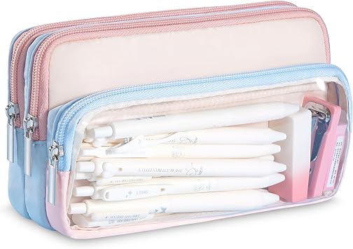 FINPAC Color-Block Pencil Case Organizer - 100 Pen Capacity | Clear PVC Layer & Triple Compartments for Quick Access, Pencil Box Organizer for Study, Artists, Professionals, Blue and Pink