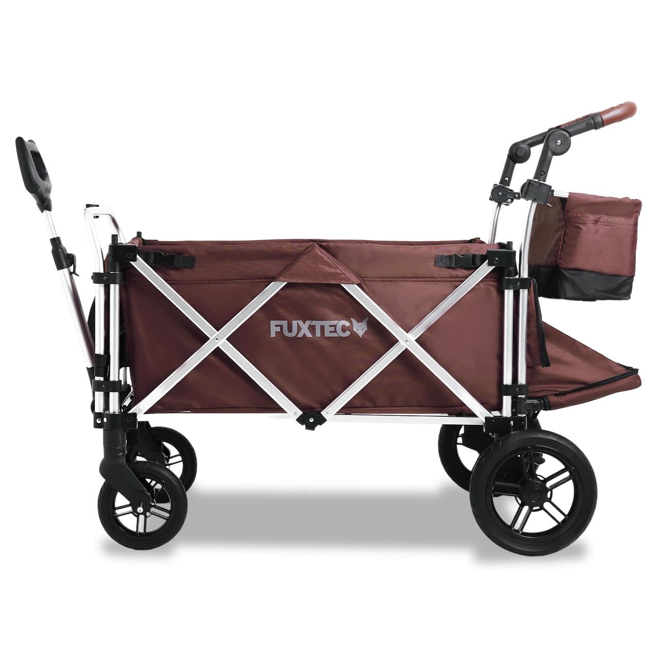 FUXTEC Bollerwagen faltbar FX-CTL950 Braun mit Dach - Transportwagen klappbar | Hecktasche, Komfort-Schiebegriff & Innenraumverlängerung | 5-Punkt-Gurt | Handwagen/Leiterwagen – Das Original