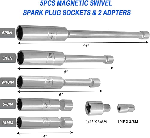 Miniatura 23 de Bujía magnética giratoria de pared delgada de 0.551 in y 0.630 in, unidad de 3/8 pulgadas, herramienta de extracción de bujías de 12 puntos