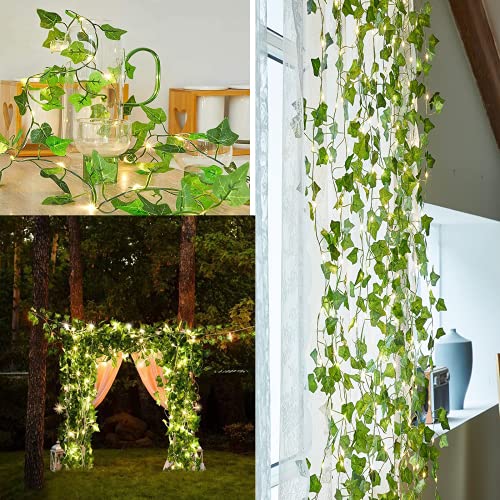 Cadena de Luces LED 10M 100 LED Plantas Artificiales Ivy Cadena de Luz con Hoja de Arce Vid Verde Guirnalda para Colgar en la Pared, Fiesta, Boda Decoración