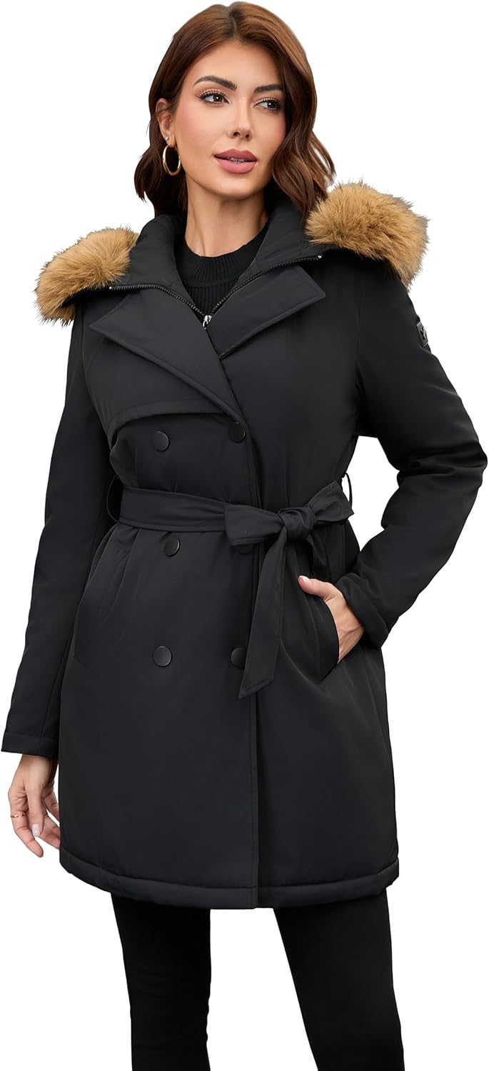 PAPILLON D'OR WEAR YOUR WINGS Women's Trench Coat - Mid-Length Belted Detachable Faux Fur Collar Jacket