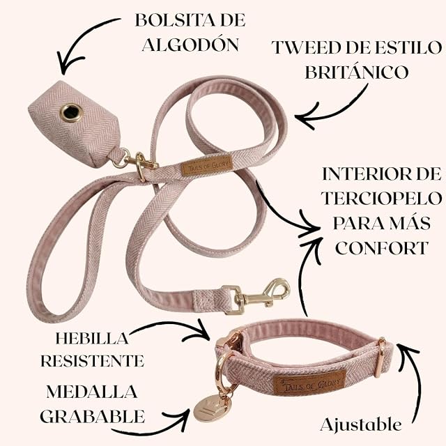 Foto 3 de 8 de Set Collar y Correa para Perro en Tweed y Terciopelo, 3 Piezas
