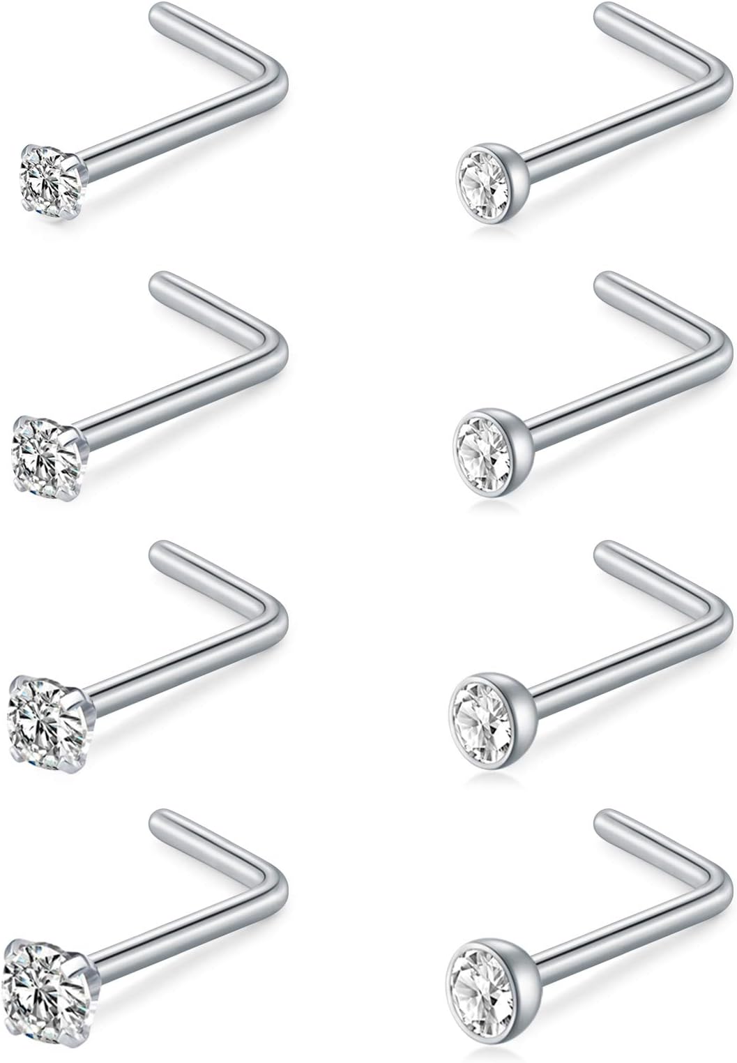 Nose Studs 18g & 20g - L-Shaped Surgical Stainless Steel Diamond Studs for Women & Men - Corkscrew Nose Rings
