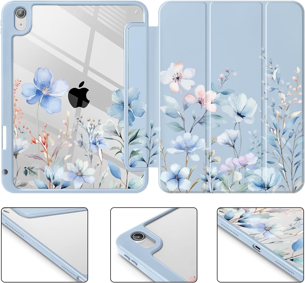 May Chen for iPad (A16) 11th Generation Case 11 Inch 2025, iPad 10th Gen Case 2022 10.9 inch, Built-in Pencil Holder with Shockproof Cover Clear Transparent Back Shell Auto Wake/Sleep, Wild Flowers