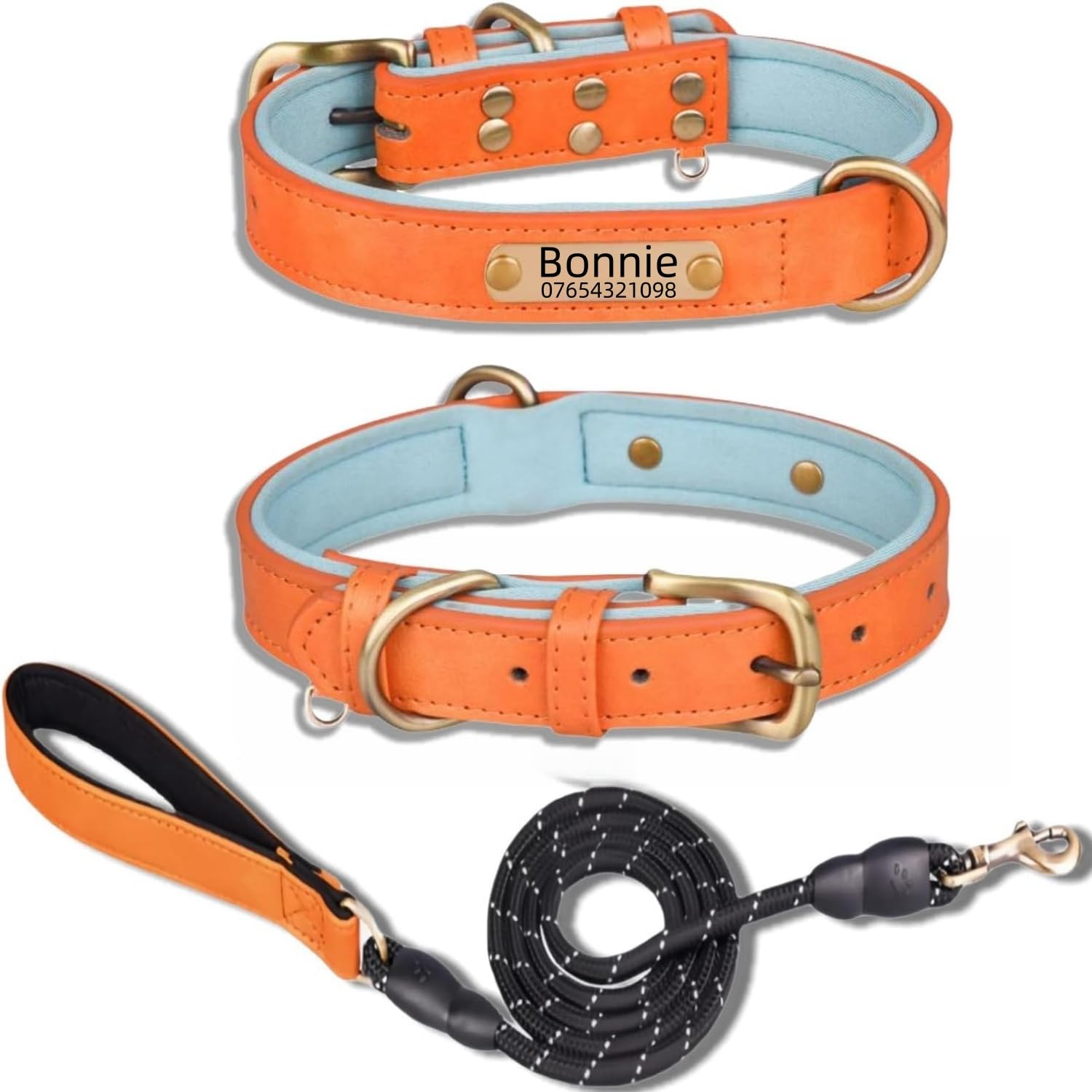 Leather Dog Collar Personalised and Leash Set, Personalized with Soft Padded Design Heavy Duty Featuring Custom Engraved Name Plate for Small Medium