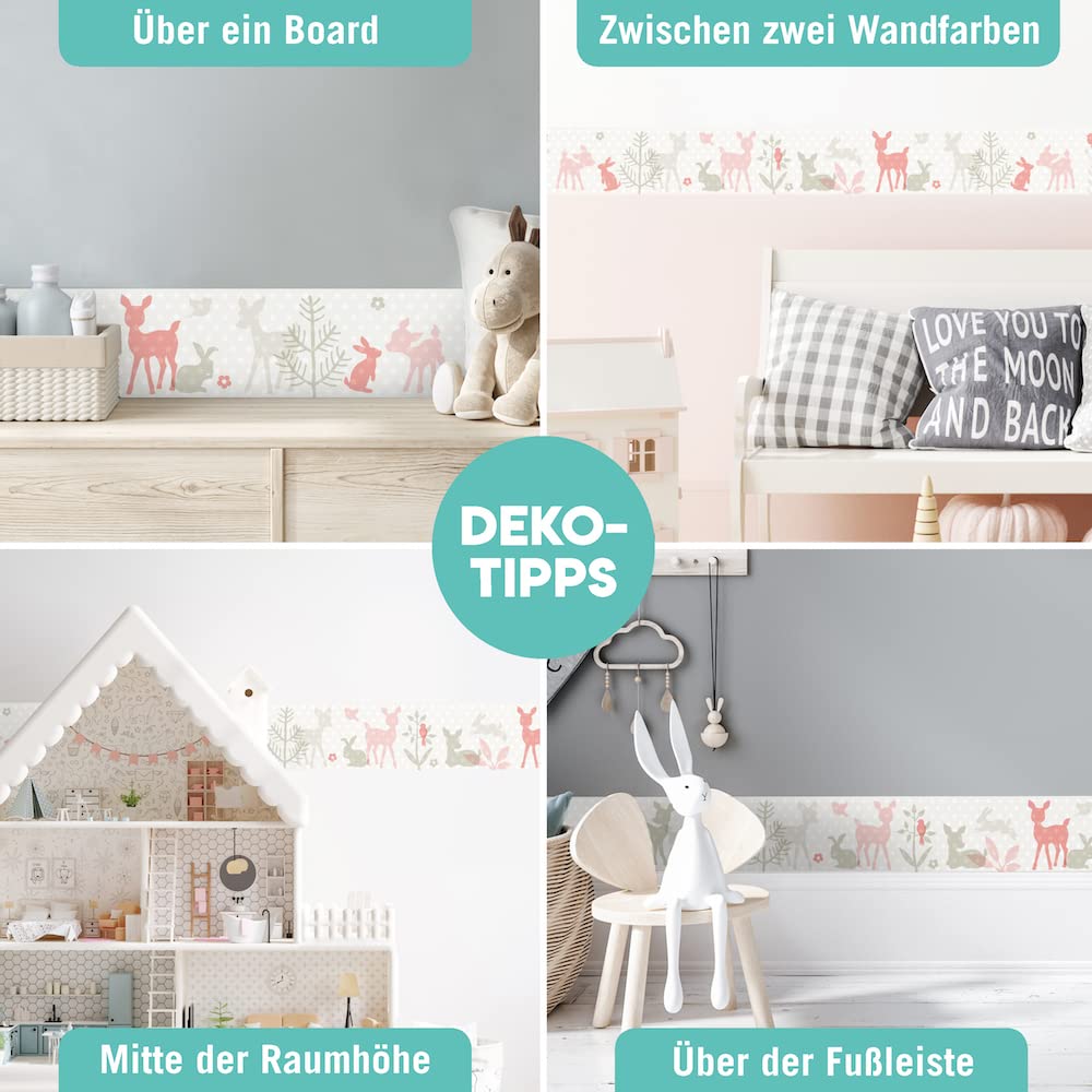 Bordüre selbstklebend HÄSCHEN & REHE APRICOT BEIGE - Wandbordüre Kinderzimmer Babyzimmer mit Hase & Reh Waldtiere - Wandtattoo Schlafzimmer Mädchen – Wanddeko Baby Kinder