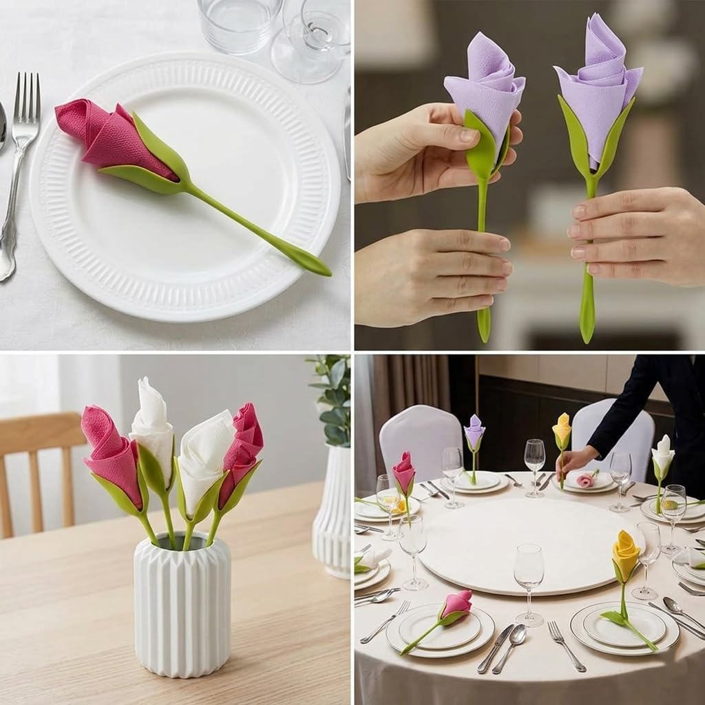 30-Pack MOYEE Flower Napkin Holders, Rose Napkin Holders Flower Napkin Rings Dishwasher Safe ABS Stem Design Table Decorations for Wedding Banquet Dinners 7.8 Inches Green (30PCs)