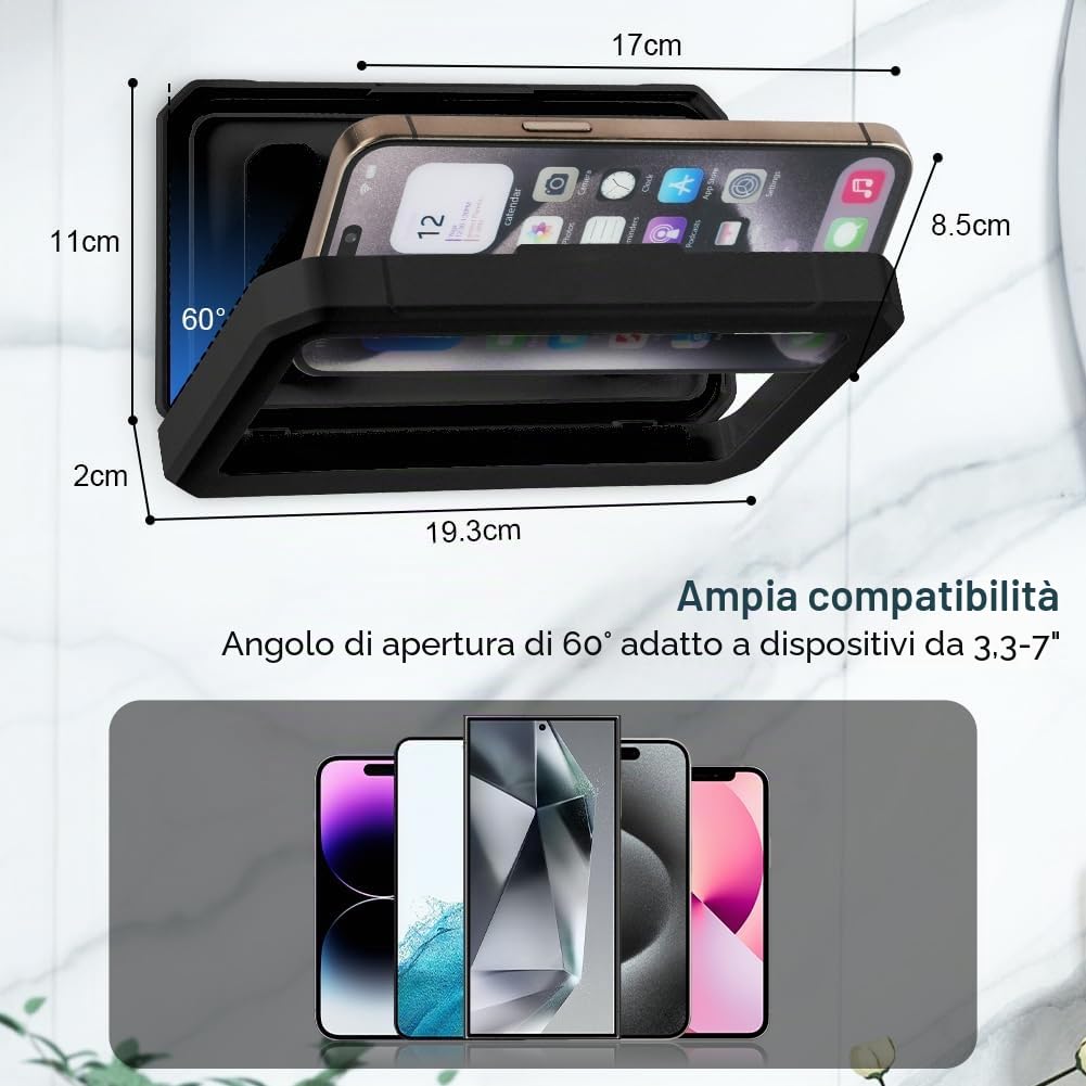 HOTUT Supporto Telefono Impermeabile Per Doccia – IPX6, Antiappannamento, Rotazione 480°, Angolo Apertura 60°, Adatto A Smartphone Fino A 7 Pollici