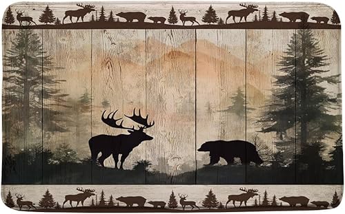 Alfombra de baño rústica con estampado de oso ciervos y bosque, tablero de madera de granja, retro, cabaña, caza, camping, alfombras de baño