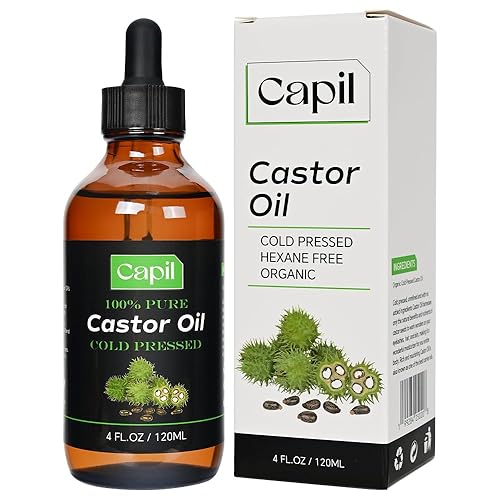 Capil Aceite de ricino de 4 onzas, 100% puro prensado en frío, orgánico y sin hexano, hidratante para cabello, pestañas, cejas, piel y uñas, vegano,
