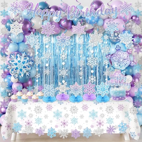 Snowflake Birthday Party Decorations Blue Purple Winter Wonderland Decorations Kit include Fringe Curtain Snowflake Garland Balloon Banner Cake Topper Tablecloth for Winter Snowflake Party Decor