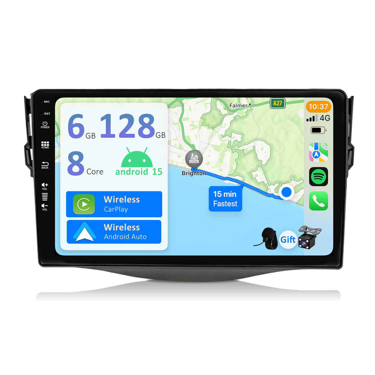 Android 15 [6GB+128GB] 2 DIN Autoradio para Toyota RAV4(2007-2011)-[Integrado CarPlay/Android Auto/DSP/GPS]-IPS 2.5D 9”Touch Screen-Cámara+Mic-Dab/Bluetooth 5.0/360 Cámara/Control del Volante