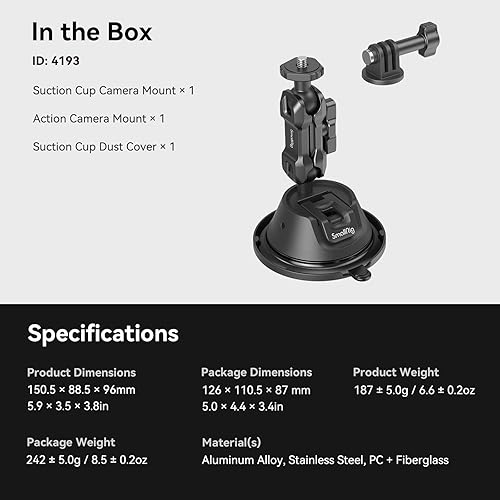 Miniatura 9 de SMALLRIG Soporte de ventosa de doble capa para GoPro Hero 11/10/9, para DJI Osmo Action/Procket, para Insta360 X3, soporte de cabezal de doble bola