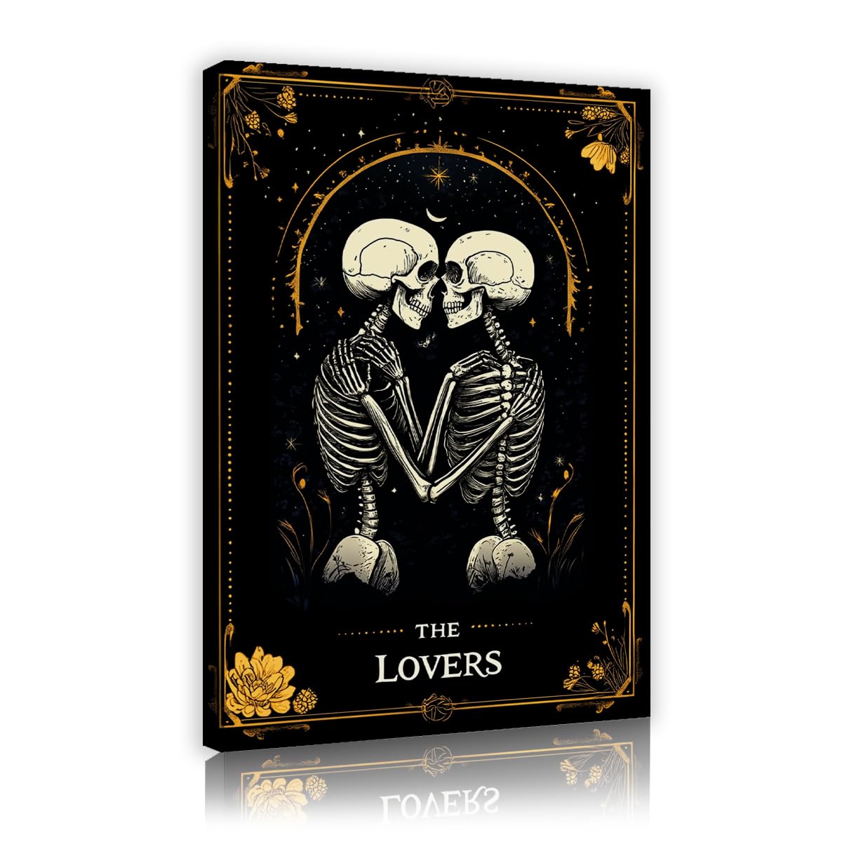 Via Vela Tarot The Lovers Skeletons Framed Canvas Wall Art for Dorm Halloween Decor Gothic Kissing Skull Astrology Artwork Prints for Bedroom Apartment Hallway 80x120cm