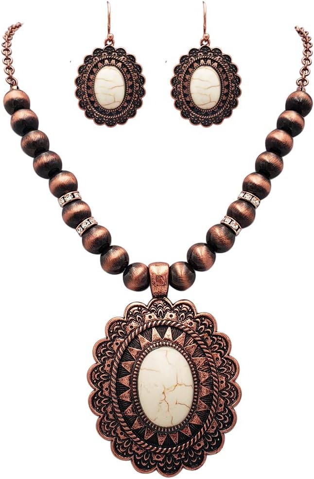 Rosemarie & Jubalee Womens Cowgirl Chic Western Style Statement Concho Howlite Stone Pendant Necklace Earrings Set, 18"+3" Extender