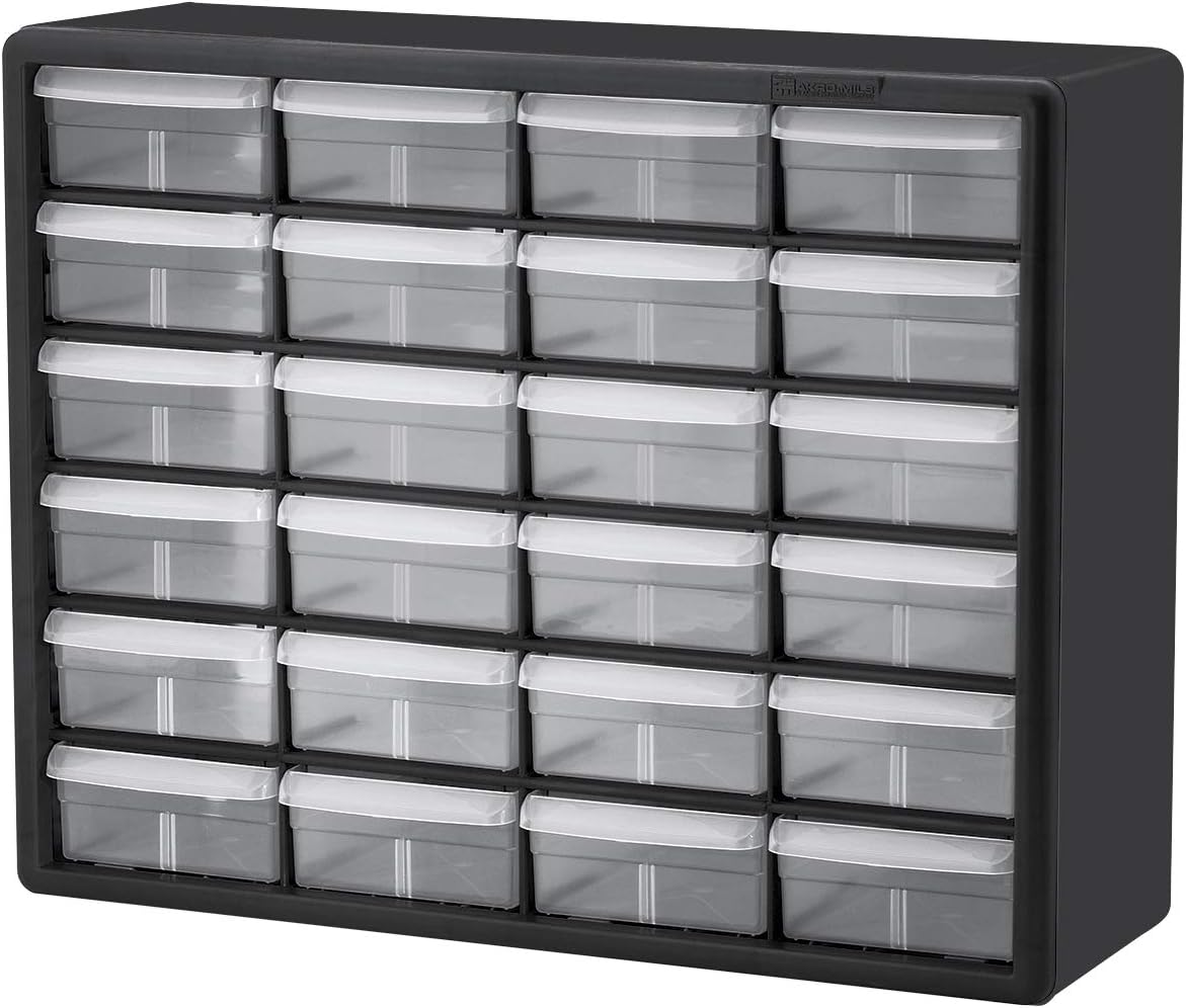 Akro-Mils 24-Drawer Plastic Drawer Storage Cabinet for Garage Organization, Bead Organizer, Building Bricks Storage, Teacher Toolbox, Makeup Organizer, 20" W x 6" D x 16" H, 10724 Black