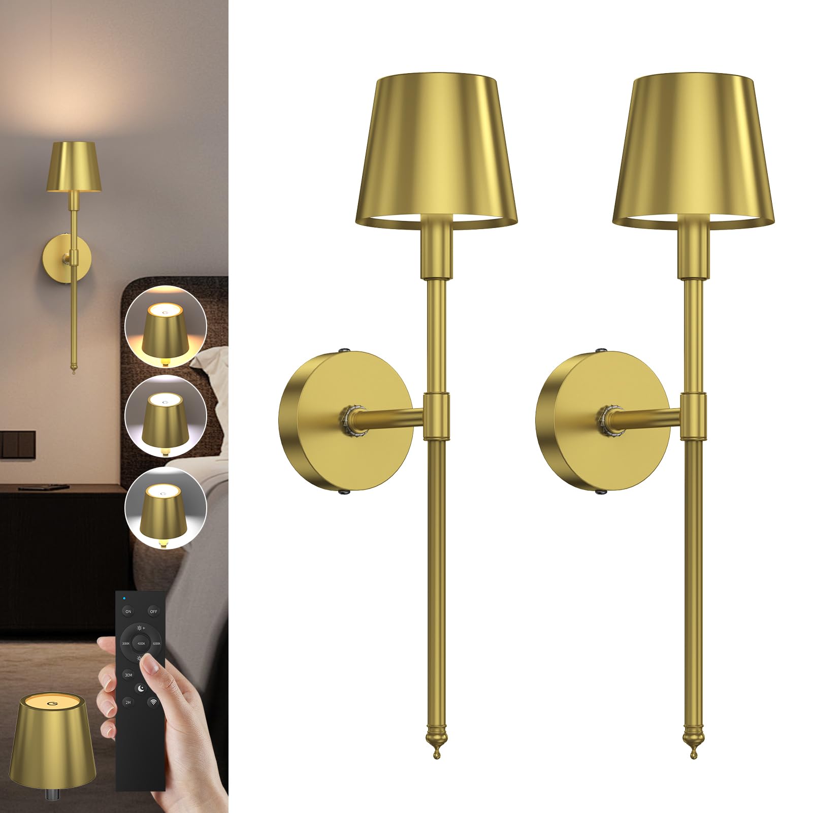LEMIKKLE Wireless Wall Sconces Set of 2, Rechargeable Wall Lights with Dimmable 3 Colors, 5000mAH, Can Last 24H