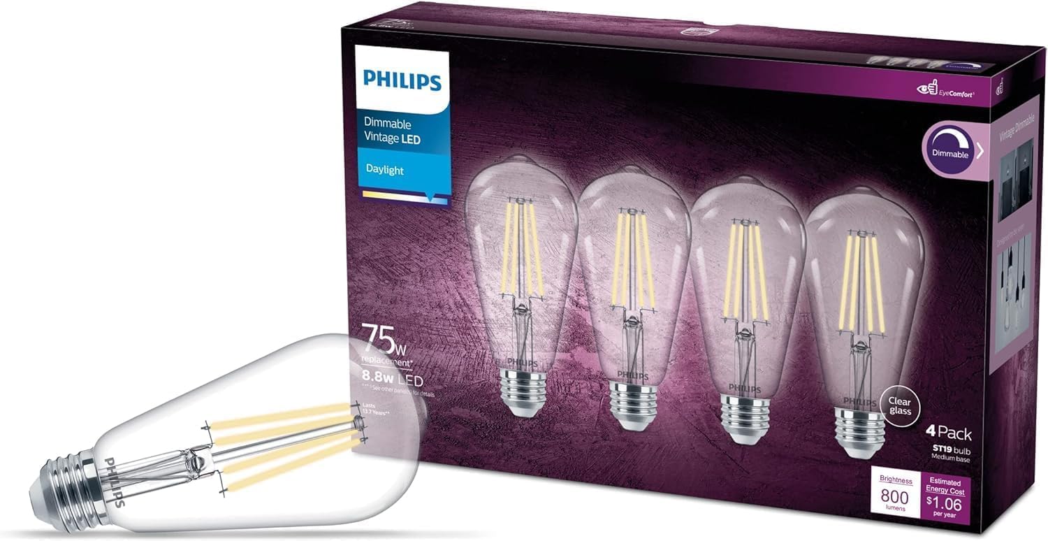 PHILIPS LED 75W ST19 4-Pack Vintage Edison Spiral Daylight (5000K) 800 Lumen (8.8W = 75W) Dimmable Clear Flicker-Free Light Bulbs