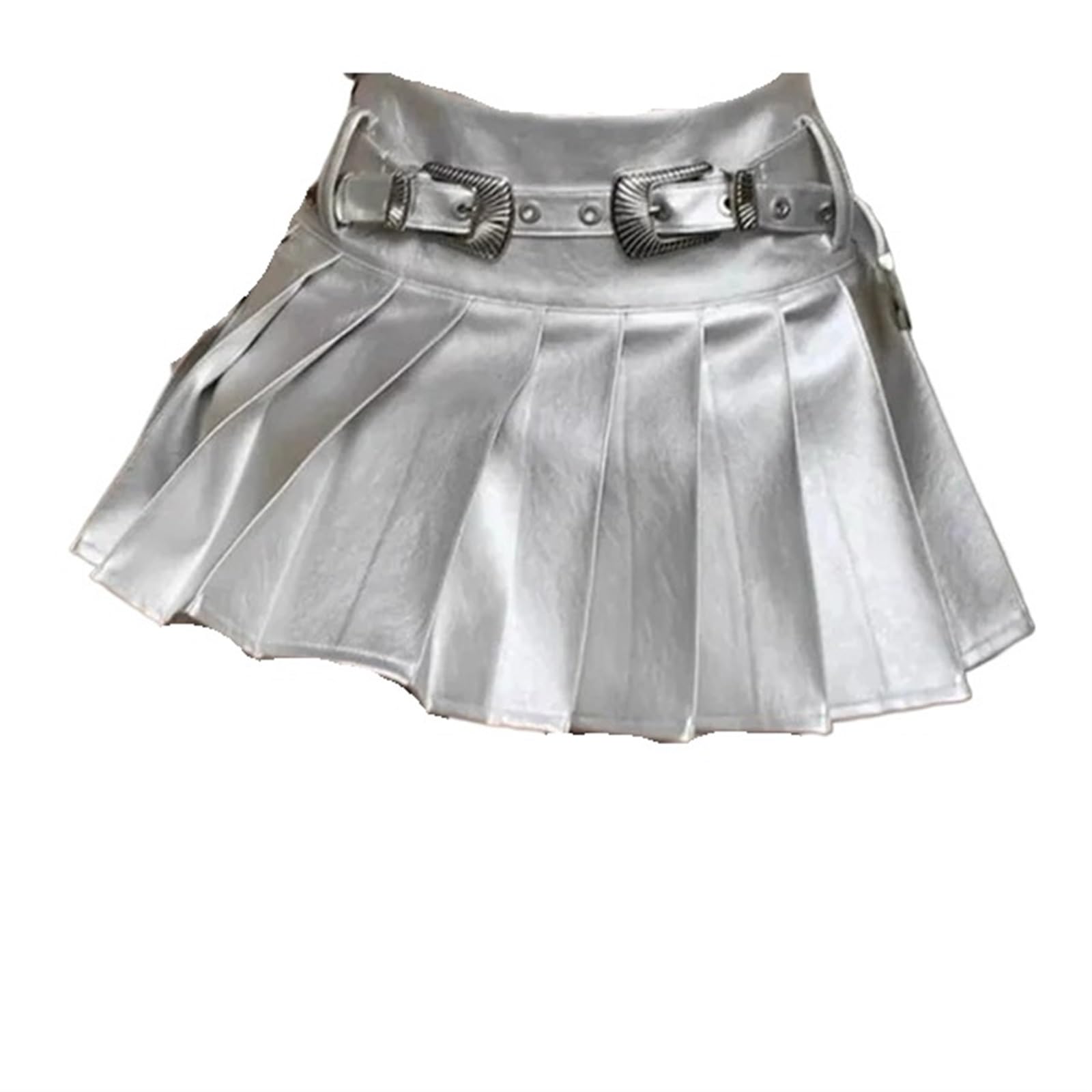 Falda Plisado Faldas Plisadas Plateadas de Cuero sintético for Mujer, minifaldas Cintura Alta con cinturón, Verano, Corte A