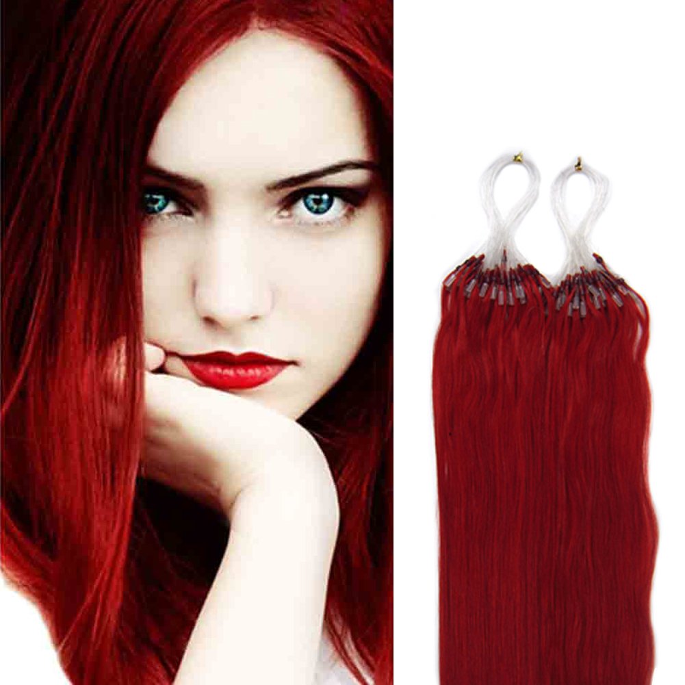 Yotty 100% Remy Human Hair Extensions Micro Ring Loop Bead Tipped Hair 16''18''20''100S (Red, 16Inch 0.4g/s)