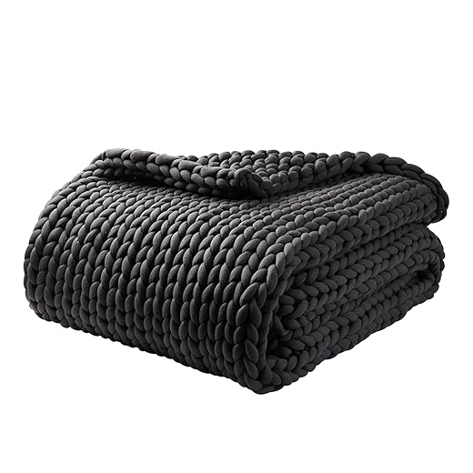 YnM Weighted Blanket, Handmade Chunky Yarn Knitted Design, Soft and Cozy, Temperature Regulating and Breathable, Machine Washable Throw for Sleep or Home Decor (Dark Grey, 60x80 Inch, 15lbs)