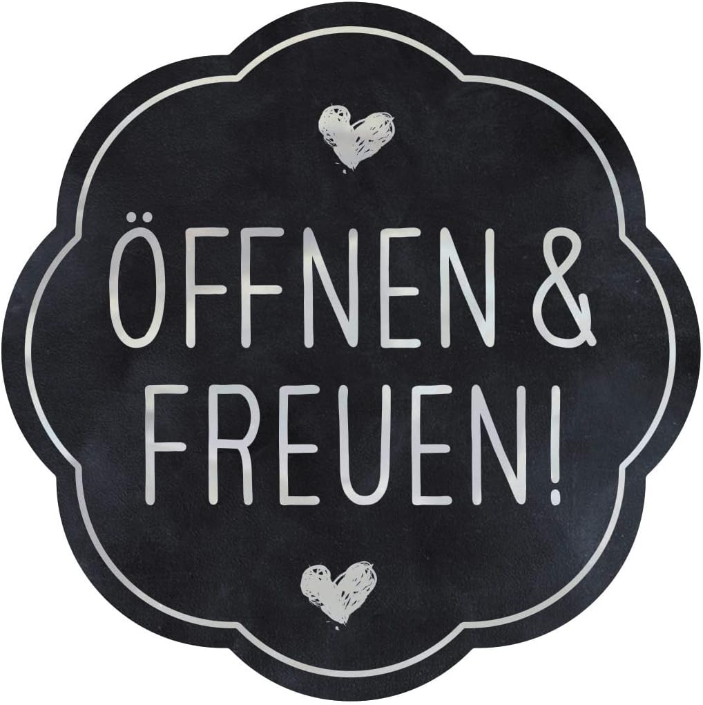 AVERY Zweckform 600 Stickers Open and Enjoy (Made in Germany, Diameter 38 mm, Black Gift Stickers, Silver Lettering, Self-Adhesive Gift Decoration, Cards, Bags, Vouchers) Stickers on Roll, 4375