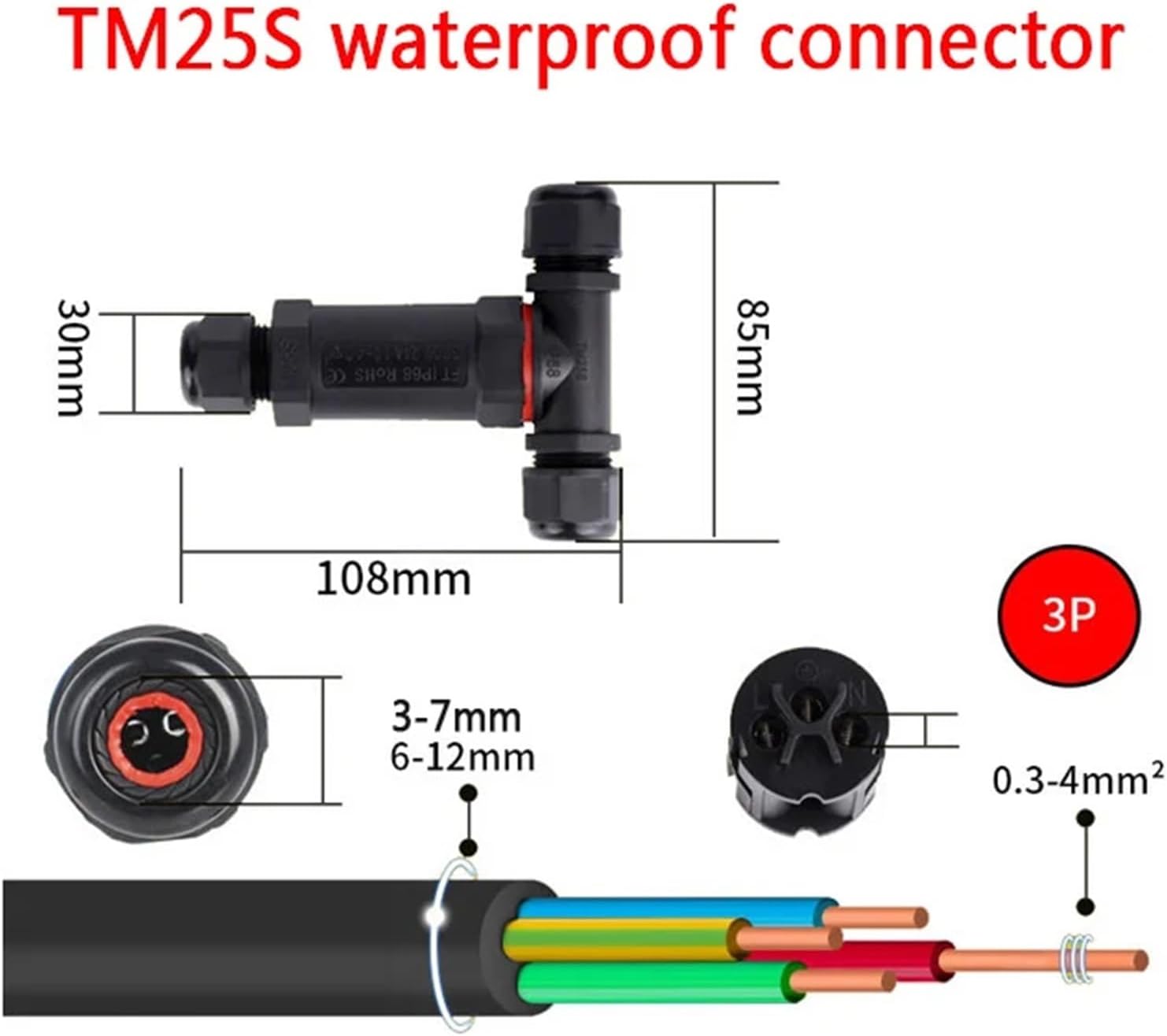 IP68 Waterproof Connector T Type M20 2/3/4 Pin Electrical Terminal Adapter Wire Connector Screw Pin LED Light Outdoor Connection(TM25S 3PIN,3-7MM)