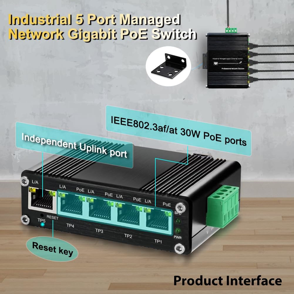 Industrial 5-Port Managed Network Gigabit PoE Switch with Solar Power Support, DC 9V-57V to 48V PoE Boost, 120W Total IEEE802.3af/at, Web Managed, QoS, VLAN