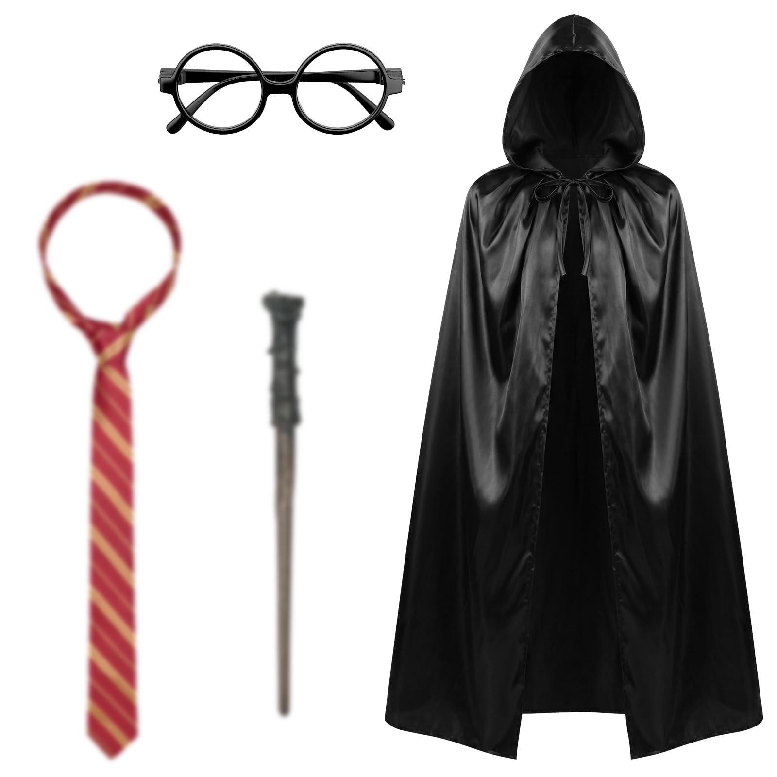 AUYAO 4 Pcs Wizard Costume Wizard Robe, Wizard Fancy Dress Up Costume with Magic Wand Black Cape Glasses Tie Cosplay Outfit for World Book Day Halloween Men Women(150cm/59.06 inches) โ image 1