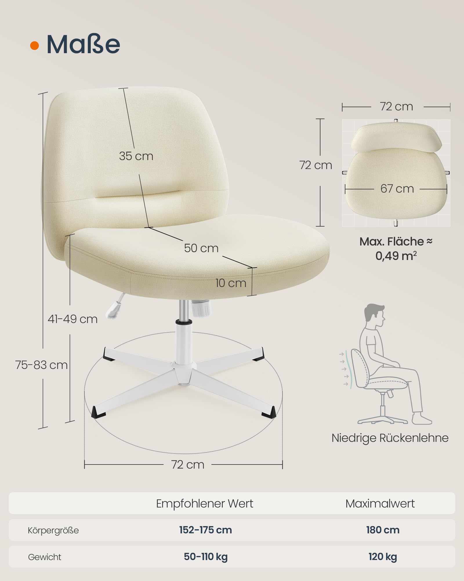 SONGMICS HOME Schneidersitz Stuhl, Schminkstuhl, Drehstuhl ohne Armlehnen, Schreibtischstuhl, breite Sitzfläche, modern, mit Kreuzfuß, höhenverstellbar, Wippfunktion, cremeweiß OBG046W01