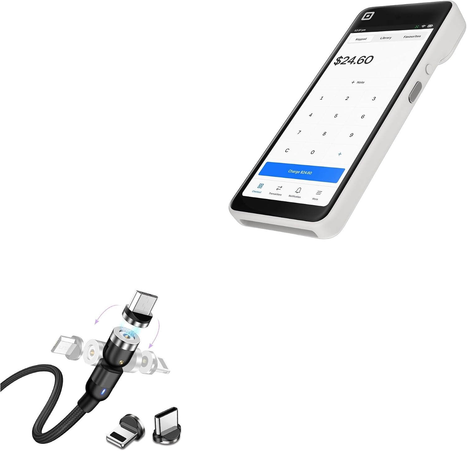 BoxWave Cable Compatible with Square Handheld - MagnetoSnap AllCharge Cable, Magnet Charging Cable USB Type-C Micro USB - Jet Black