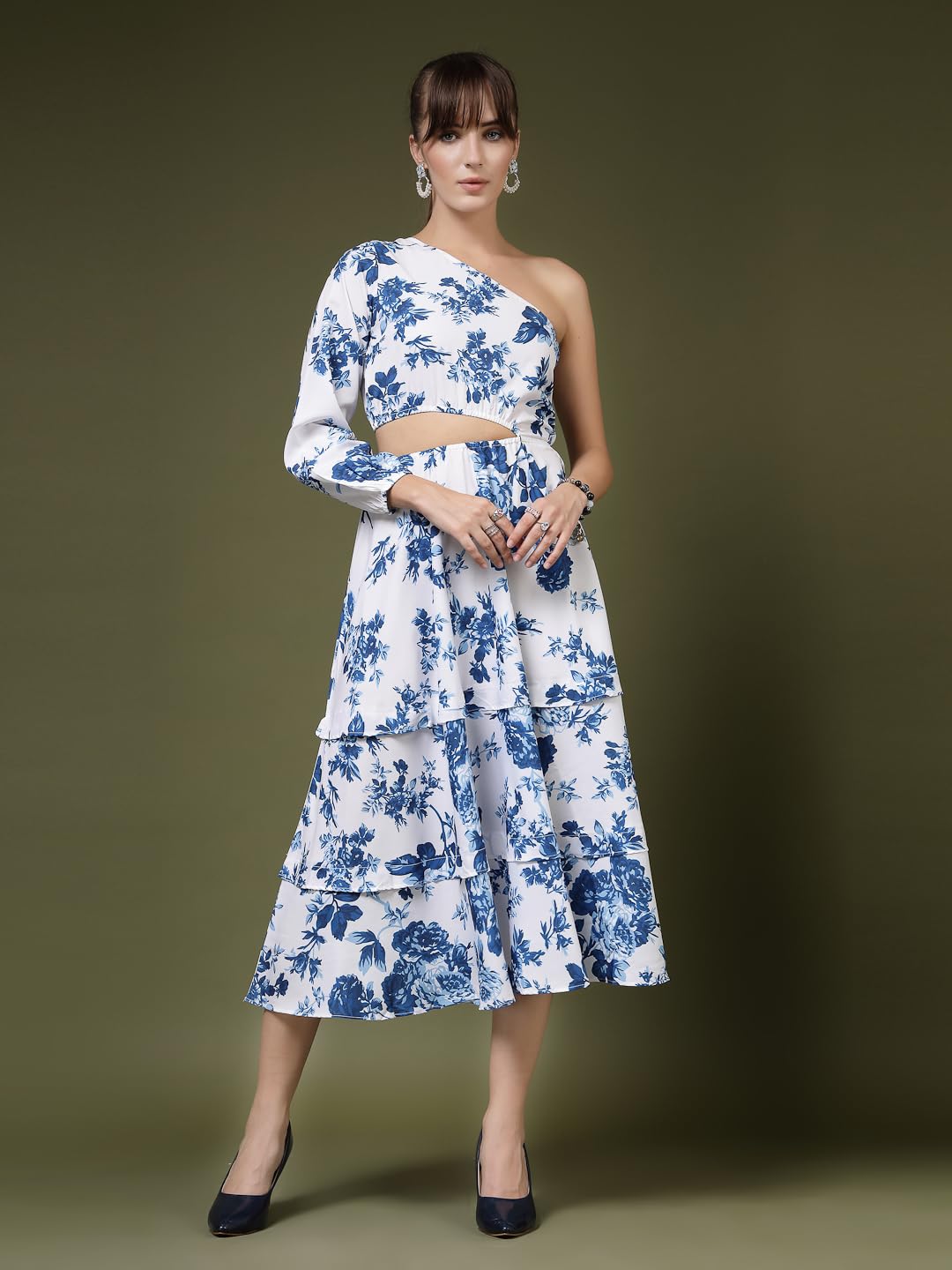 Oomph Women's Western & Fusion Wear Printed Crepe Dress For Women, One Shoulder, White - Md1071