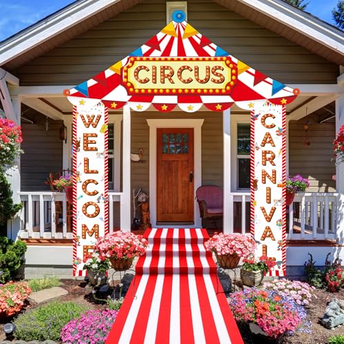 Image of Fanfanwin 4 Pcs Carnival Circus Tent Decorations Carnival Entryway Door Party Decor Awning Hanging Banner Aisle Runners Supply for Circus Theme Birthday Celebration(Welcome)