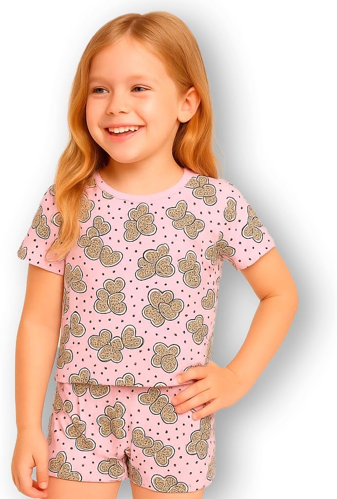 Pijama Infantil de Verão Menina, Conjunto Curto de Algodão, Estampas Unicórnio e Geométrica, Rosa e Cinza