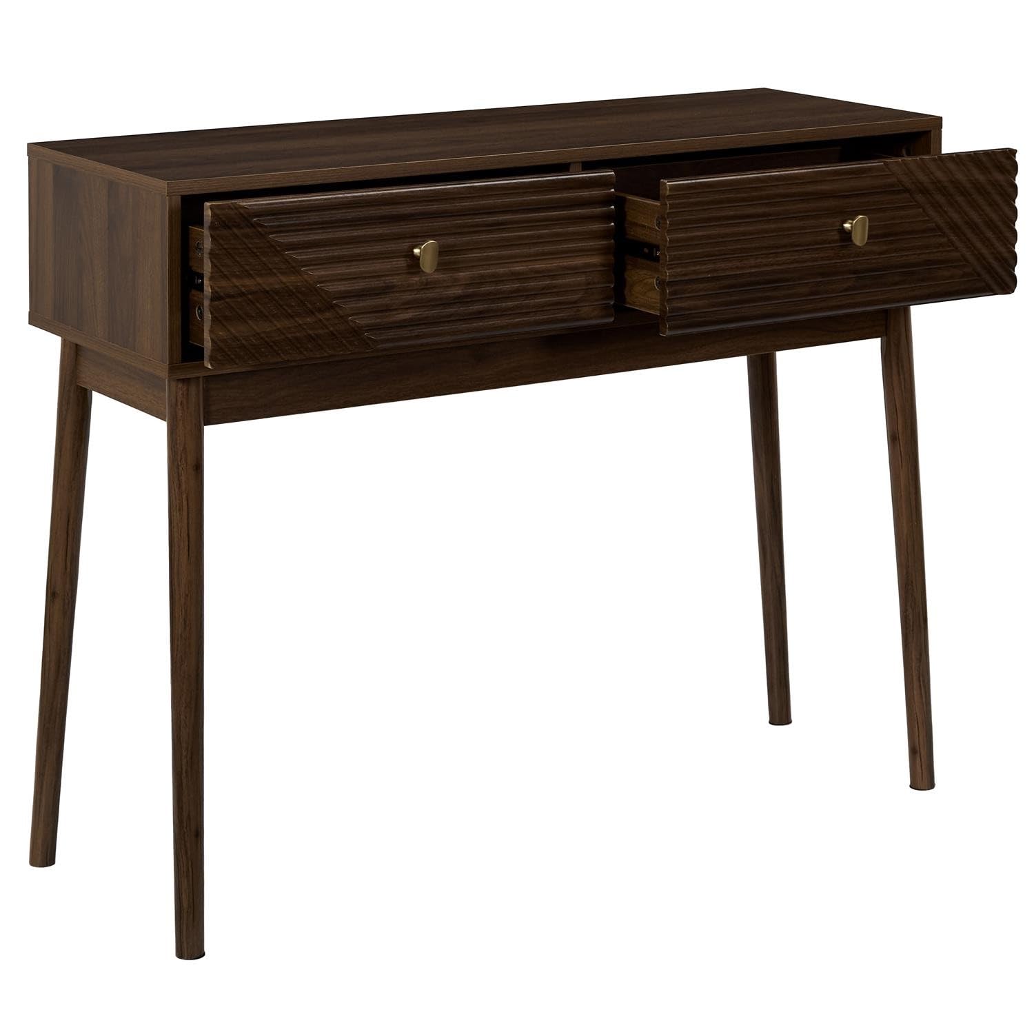 Consola con frentes geométricos color nogal oscuro con 2 cajones asas diseño delgado pasillo sala de estar dormitorio retro moderno
