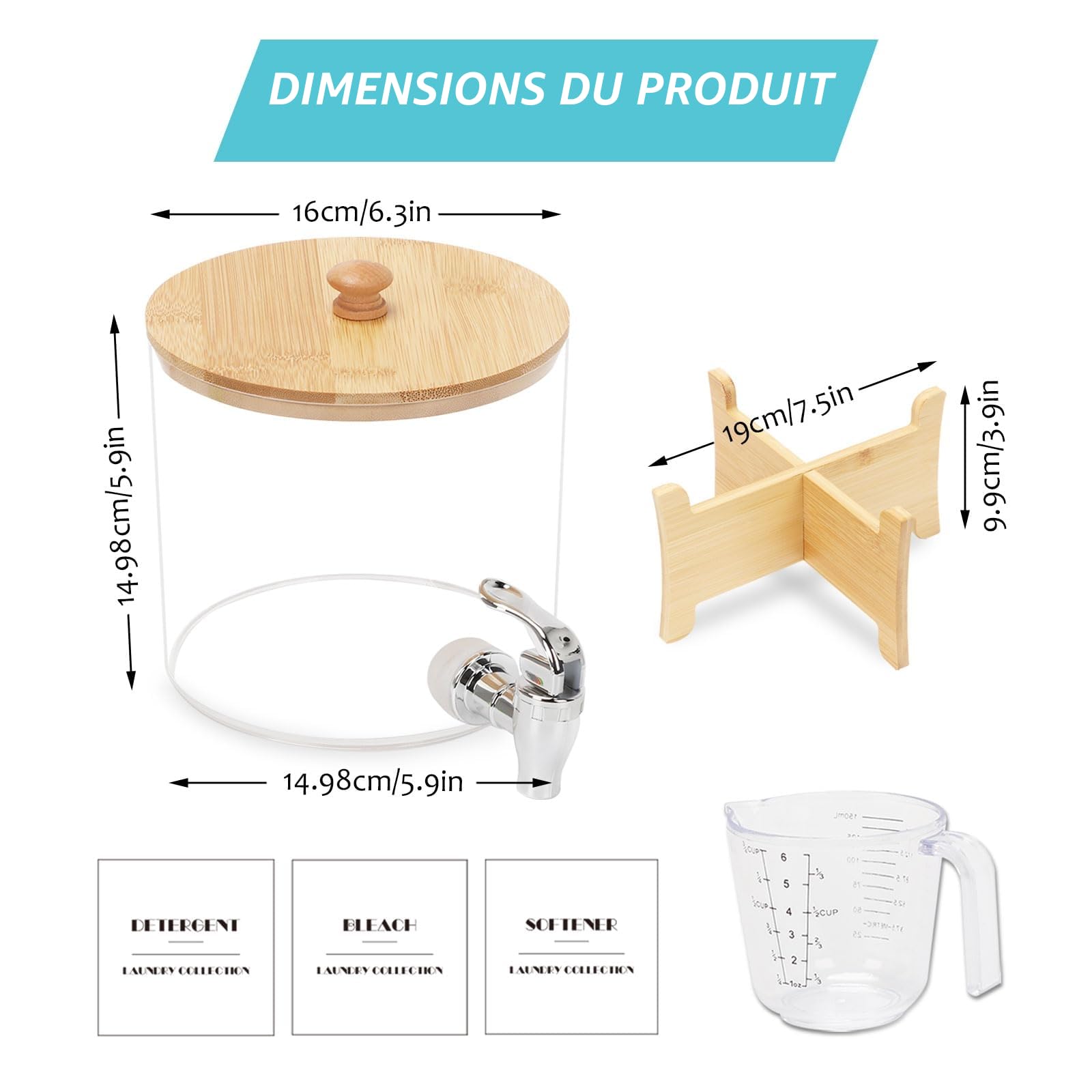 2,5L Distributeur Lessive Liquide avec Robinet, Distributeur de Détergent à Lessive avec Couvercle, Support en Bois et Tasse à Doseur, Contenant Lessive Liquide Boîte de Rangement pour Détergents