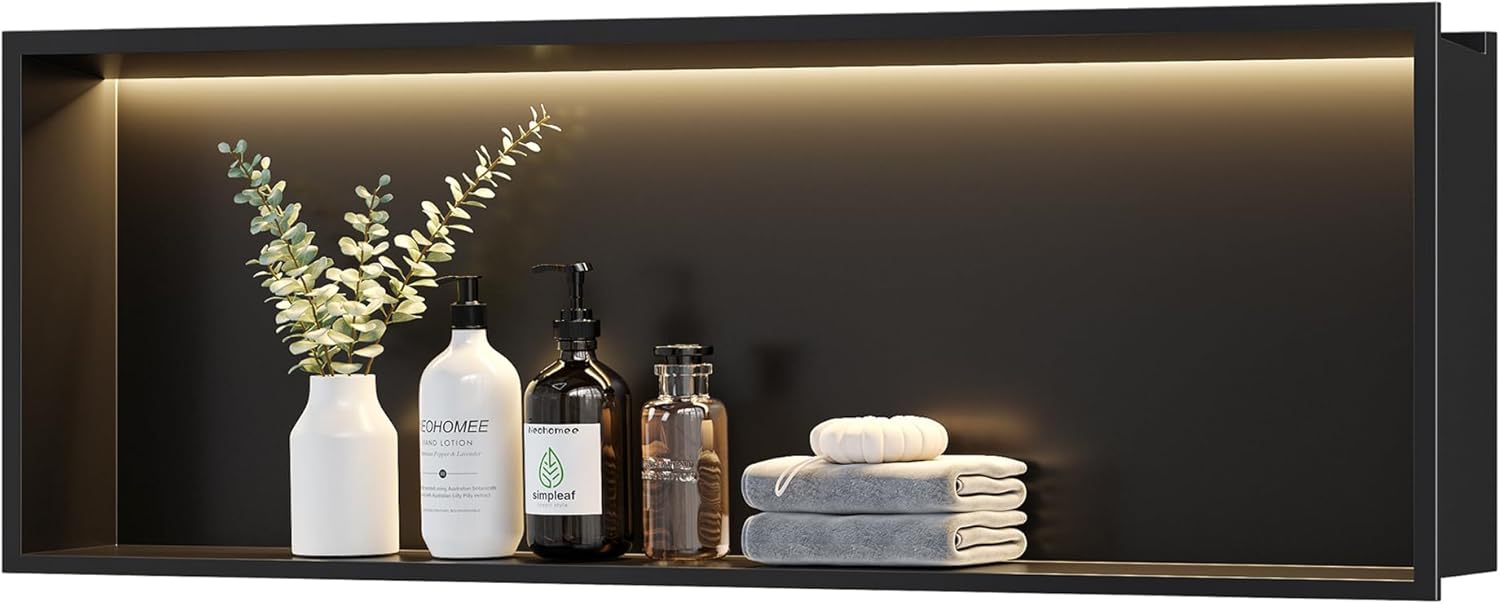 Neodrain LED Light Shower Niche, Matte Black Wall Niche, 36"X12", Stainless Steel Bathroom Cabinet with 3000K Light, Waterproof Recessed Shampoo Storage in Wall, No Tile Needed