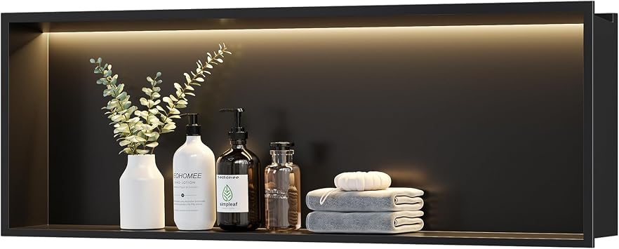 Neodrain LED Light Shower Niche, Matte Black Wall Niche, 36"X12", Stainless Steel Bathroom Cabinet with 3000K Light, Waterproof Recessed Shampoo Storage in wall, No Tile Needed