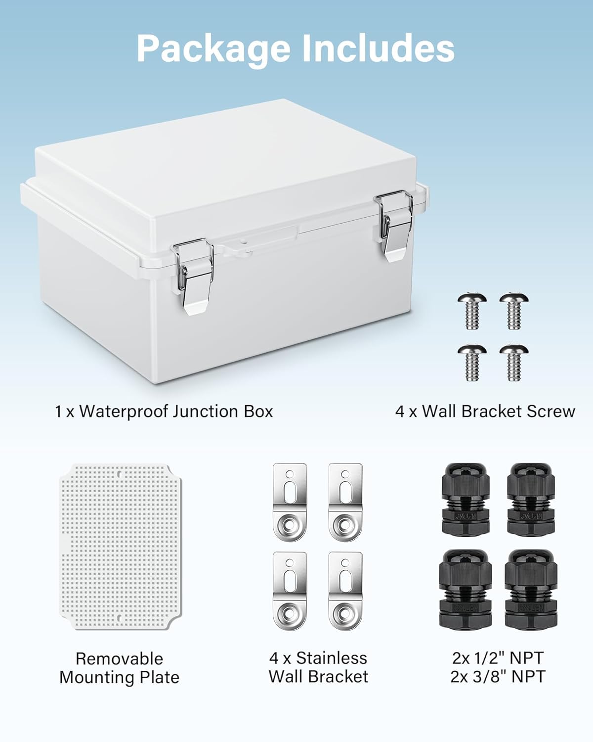 GEVEELIFE Waterproof Junction Box ABS Plastic, Outdoor Electrical Box IP67 Hinged Cover Project Box with Mounting Plate Wall Brackets and 2 Cable Glands, Grey Electrical Enclosure 10.5"x6.5"x5.3"