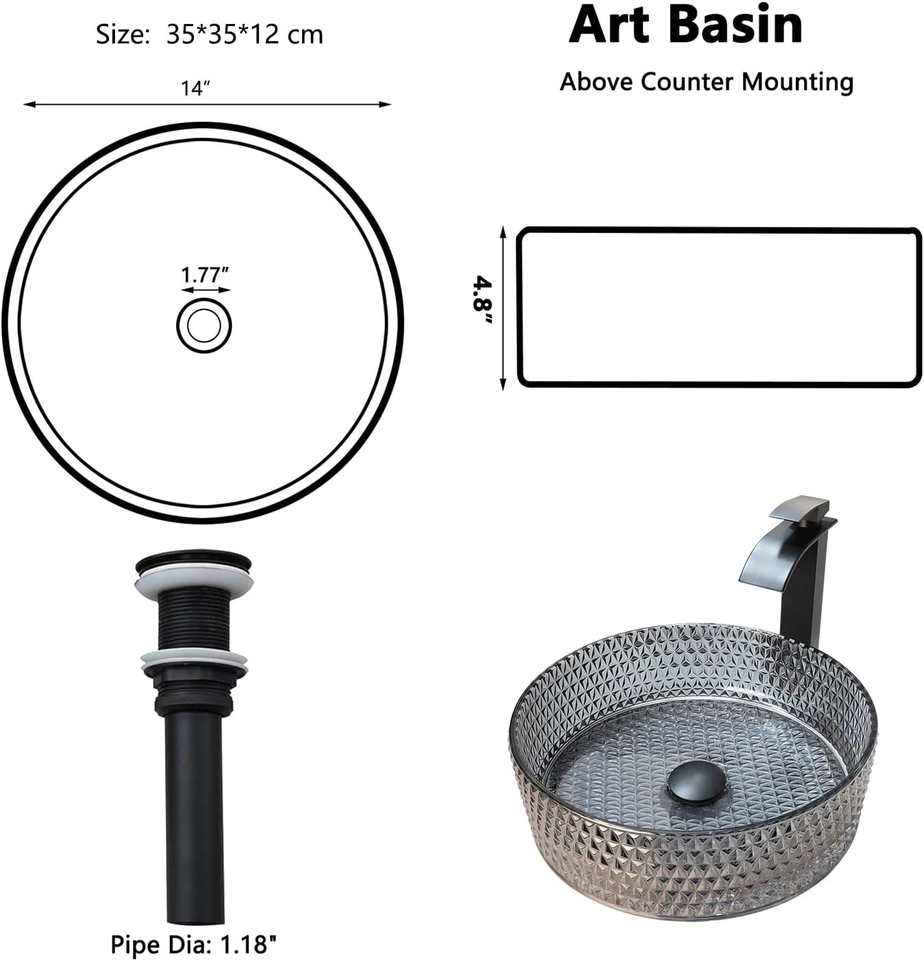 Glass Vessel Sink with Faucet and Drain Combo Glass Bathroom Sink Above Counter Round Sinks Bowl Gradient Gray